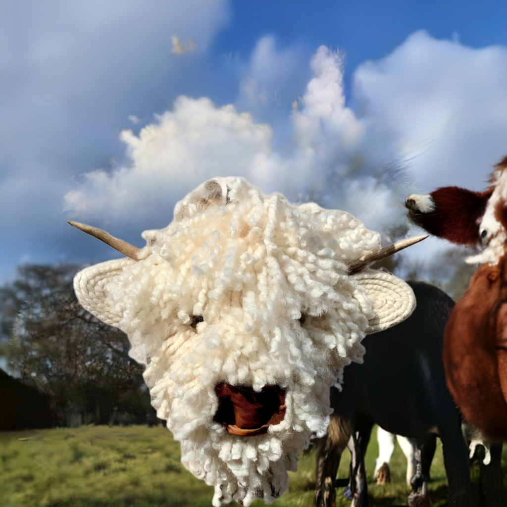 Baby Highland Cow Leather nose Bull Head, carved Horns faux natural sheep wool Easy to hang STUNNING Better in real life