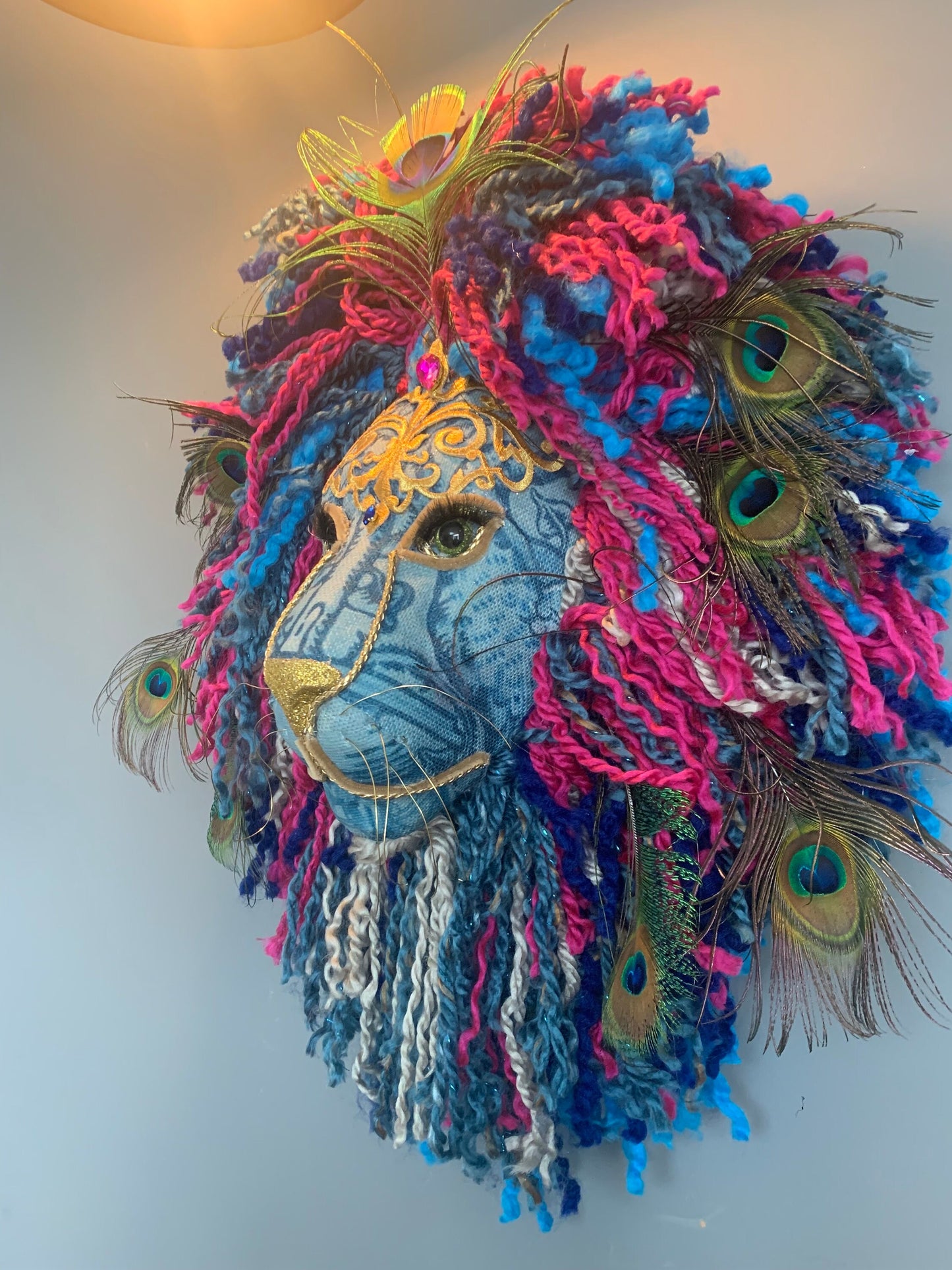 Lion peacock head Handmade with blues & Greens golds peacock feathers colour wool striking on any wall, Vibrant Handmade