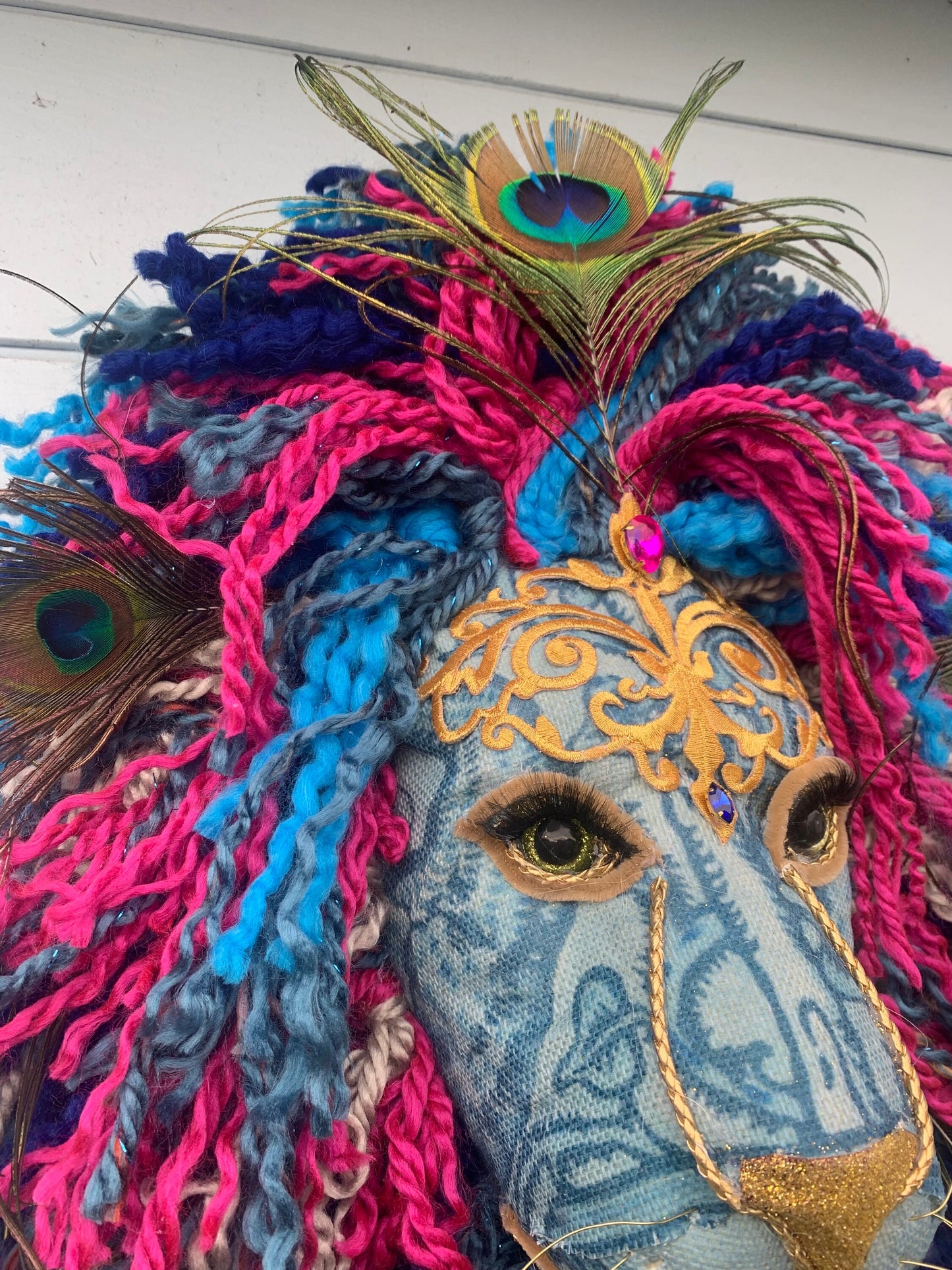Lion peacock head Handmade with blues & Greens golds peacock feathers colour wool striking on any wall, Vibrant Handmade