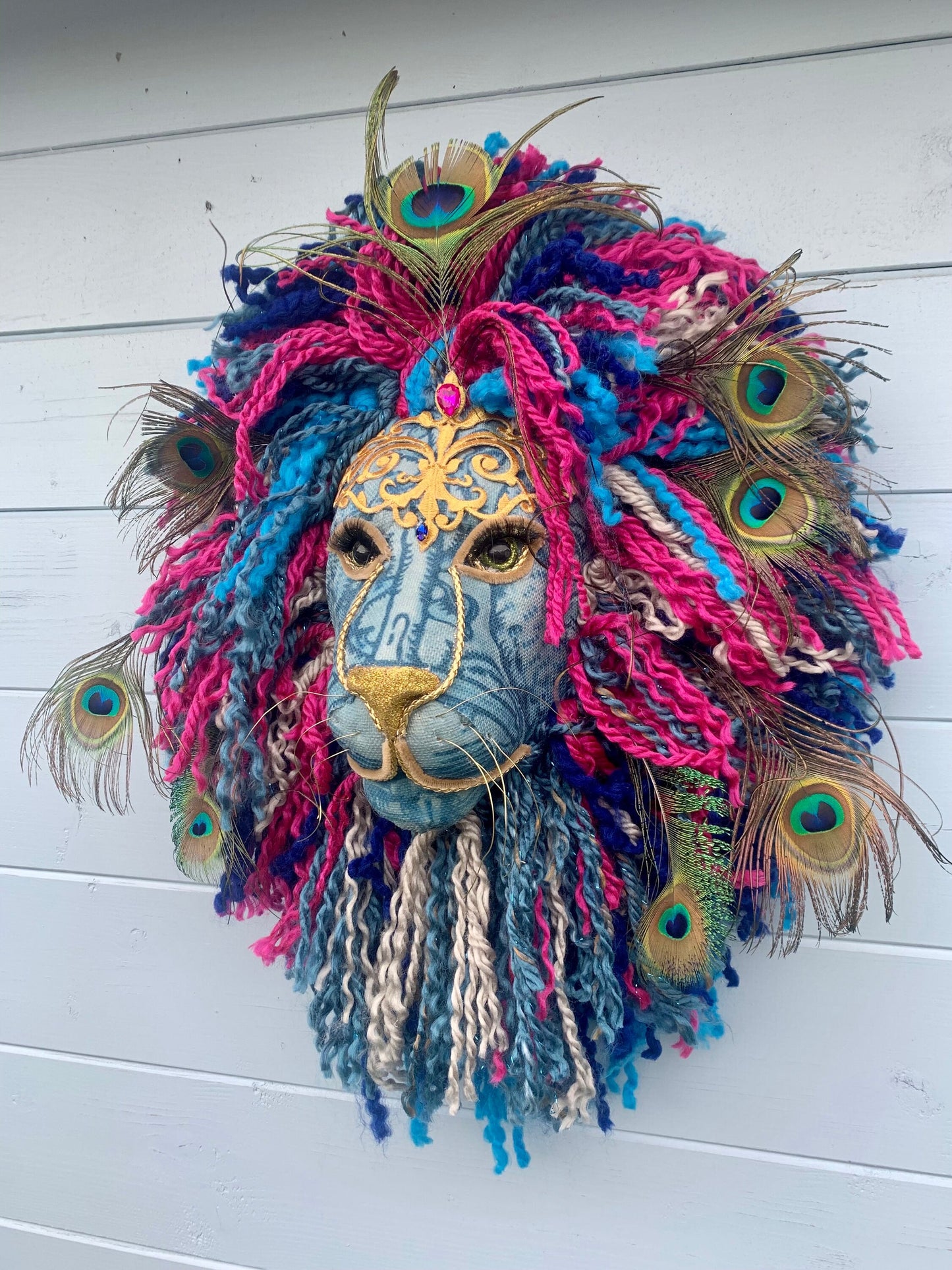 Lion peacock head Handmade with blues & Greens golds peacock feathers colour wool striking on any wall, Vibrant Handmade
