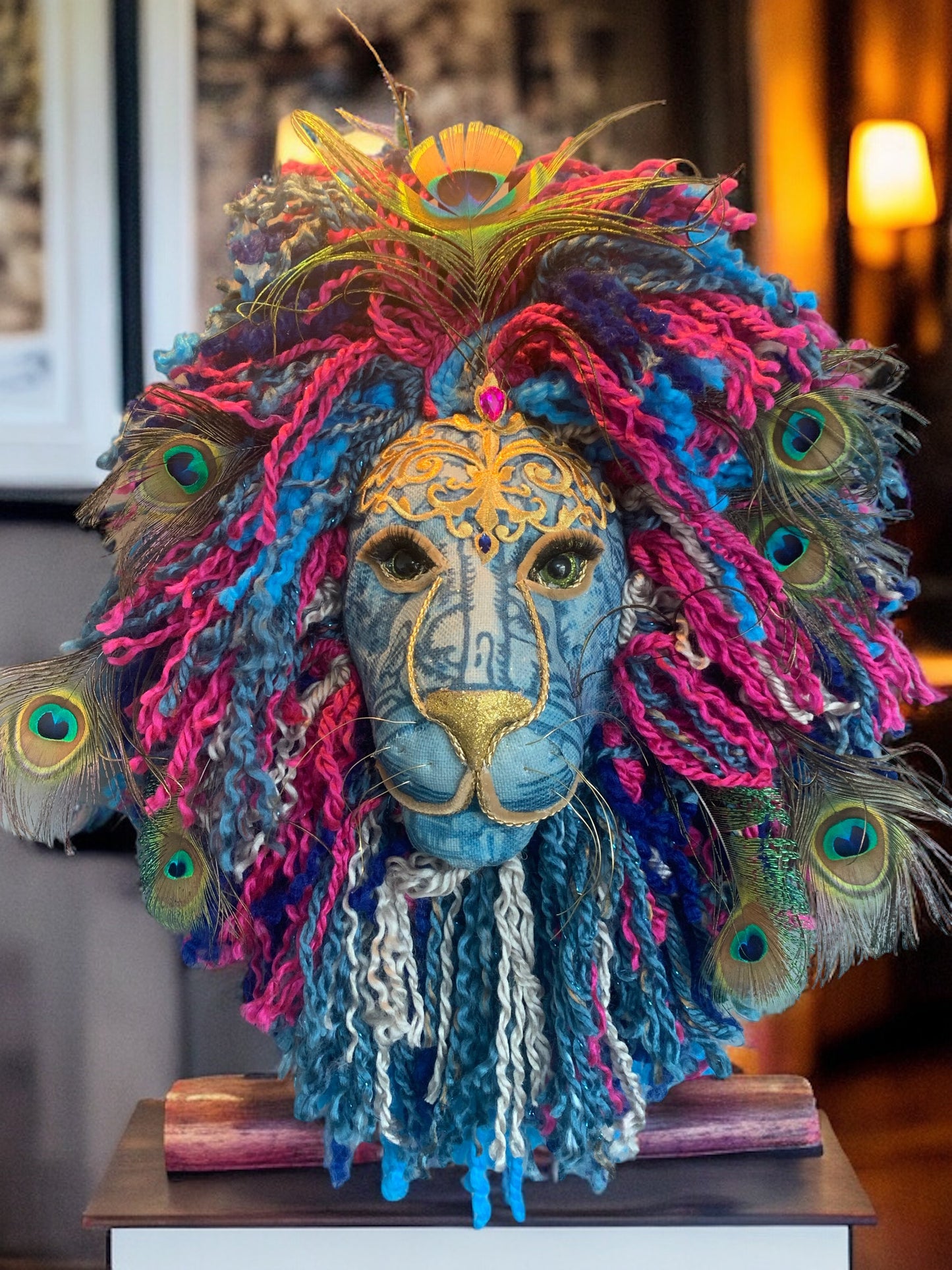 Lion peacock head Handmade with blues & Greens golds peacock feathers colour wool striking on any wall, Vibrant Handmade