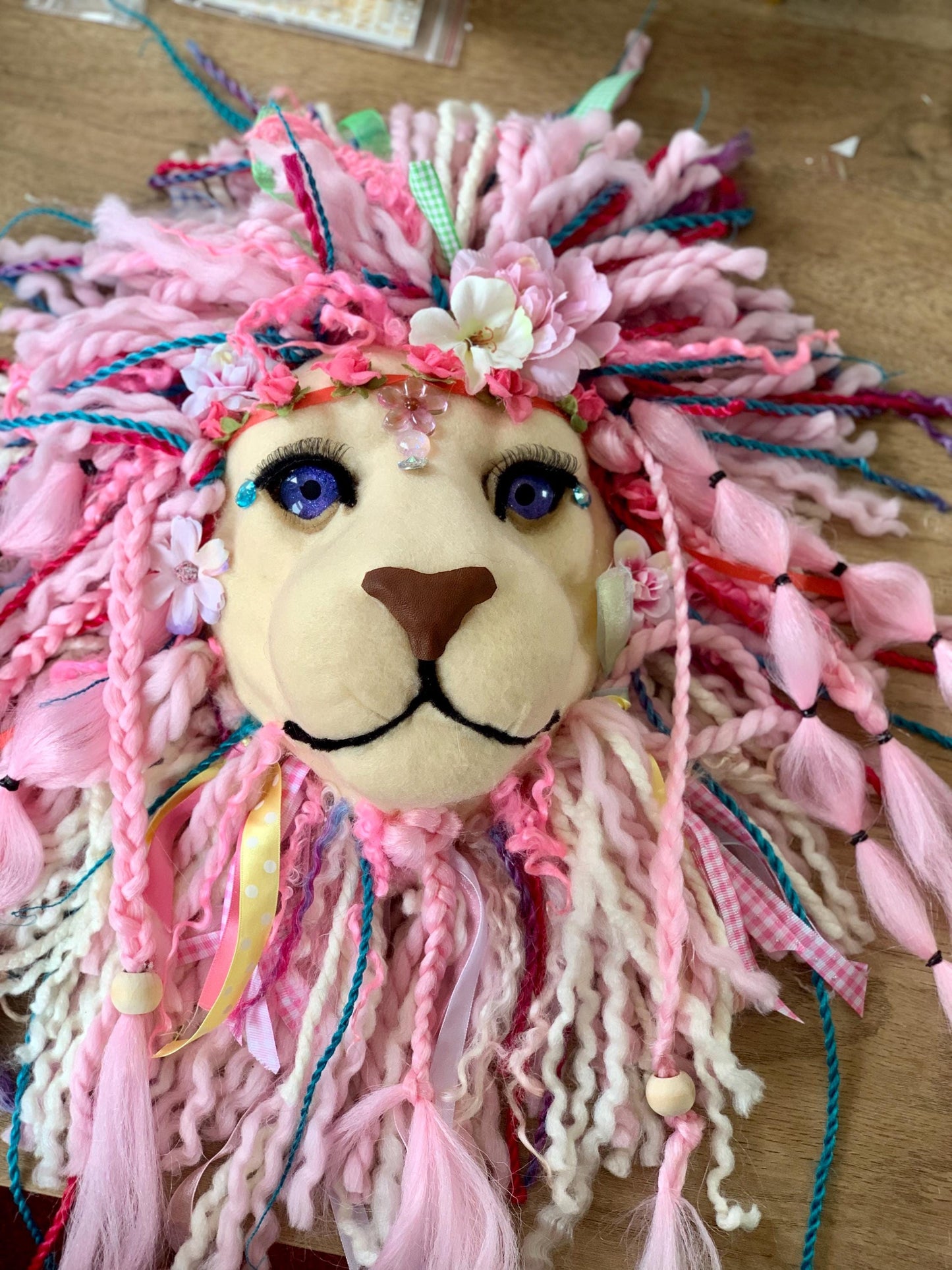 Miss Summer Vibe Festival lion head Ribbons & Lace breads plaits and sparkles   beautiful on any wall    Happy Face